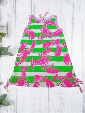 Gretchen Scott Pink, 100%Cotton, Green & White Lobster Stripe Tank Dress Preppy